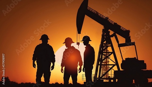 Silhouettes of oil workers near an oil pump. Maintenance of oil pump jacks. Generative AI photo