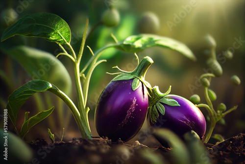 Fresh eggplant in the farm fields. Organic food produce. Generative Ai