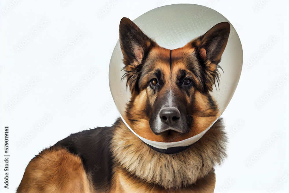 Dog in Elizabethan collar or vet cone, recovering from surgery. Veterinary concept. Copy space. generative AI