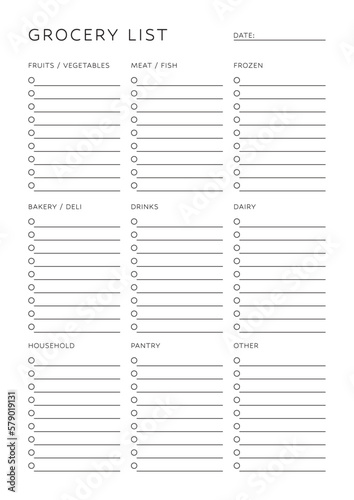 Grocery list with simple and minimalist design - A4 printable template. SVG - Simple clear vector illustration design