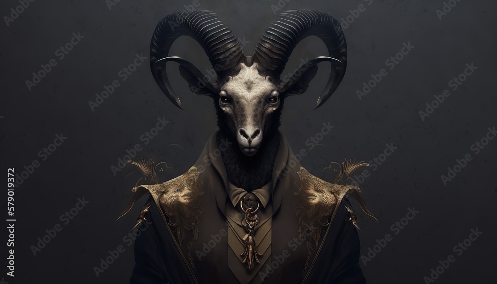The anthropomorphic ram. Wild animal in human clothes, wallpaper. Realistic background with the humanoid-like animal creature, generative ai. 