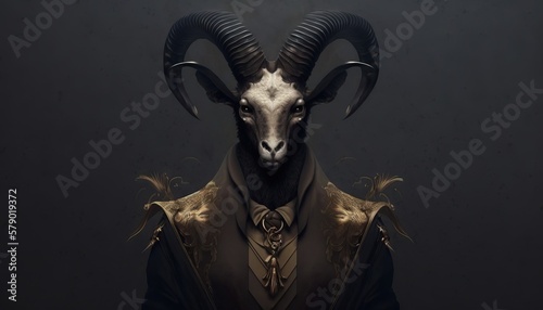 The anthropomorphic ram. Wild animal in human clothes  wallpaper. Realistic background with the humanoid-like animal creature  generative ai. 