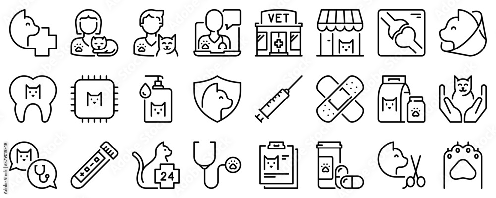 Line icons about cat and vet on transparent background with editable stroke. Line icons about cat and vet on transparent background with editable stroke.
