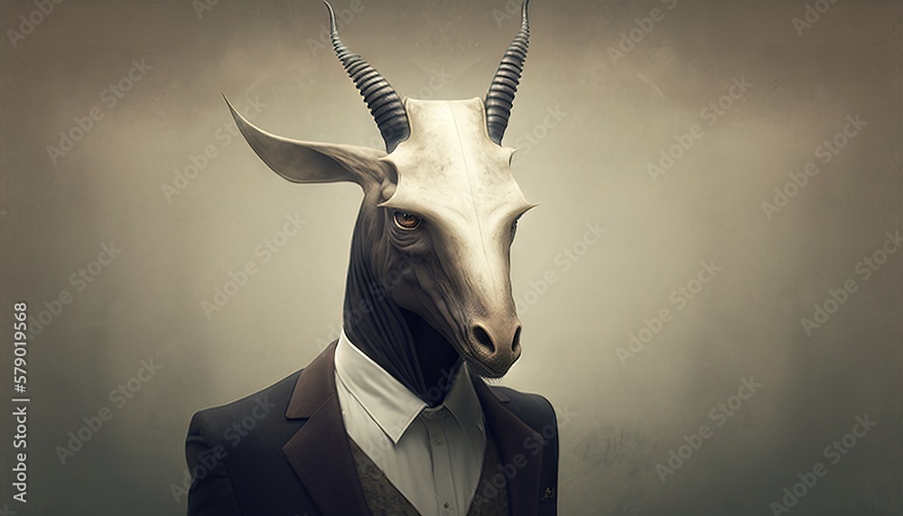 The anthropomorphic goat creature in human clothes classical suit  wallpaper. Realistic background with the humanoid-like animal creature,  generative ai. Stock Illustration | Adobe Stock