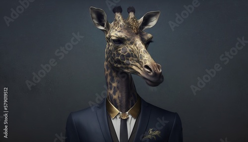 The anthropomorphic giraffe in a blue classical suit with a blue tie. Wild animal in human clothes, wallpaper. Realistic background with the humanoid-like animal creature, generative ai. 
