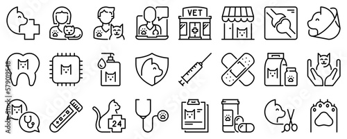 Line icons about cat and vet on transparent background with editable stroke.