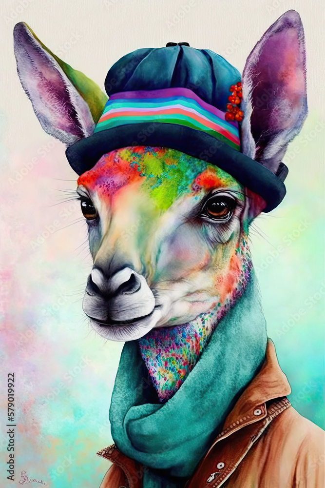 Kangaroo wearing Beret, Psychedelic Illustration. Generative AI