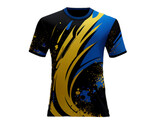 Mock up black jersey with blue and gold splash pattern and chest shape, isolated for object and retouch design on transparent background.  Generative AI.