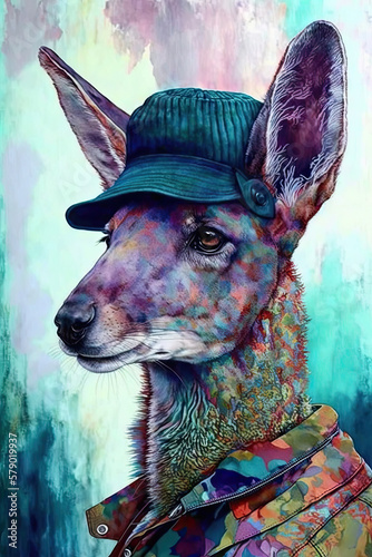 Kangaroo wearing Beret, Psychedelic Illustration. Generative AI © Mowgli