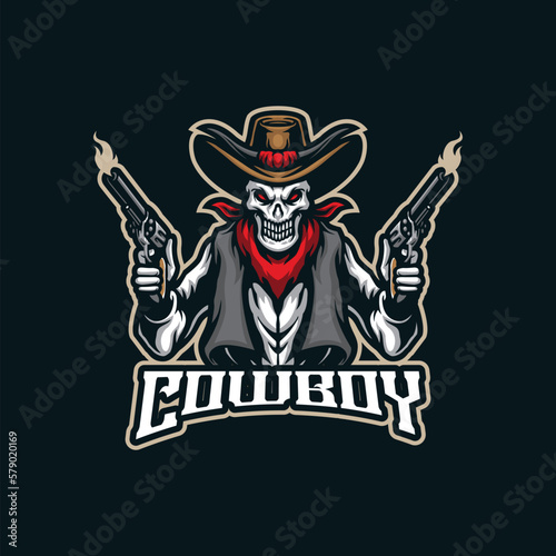 Cowboy mascot logo design vector with modern illustration concept style for badge, emblem and t shirt printing. Cowboy illustration with guns in hand.