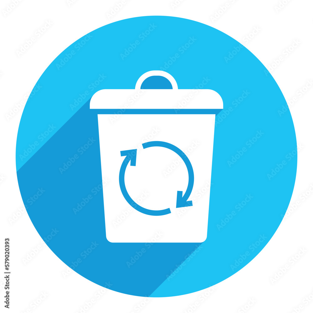 Trash can with recyling symbol. flat icon. long shadow design. blue background. Trash can with recyling symbol. flat icon. long shadow design. blue background.