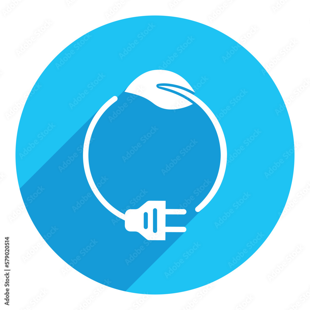 Power plug and leaf. Green energy concept. flat icon. long shadow design. blue background. Power plug and leaf. Green energy concept. flat icon. long shadow design. blue background.