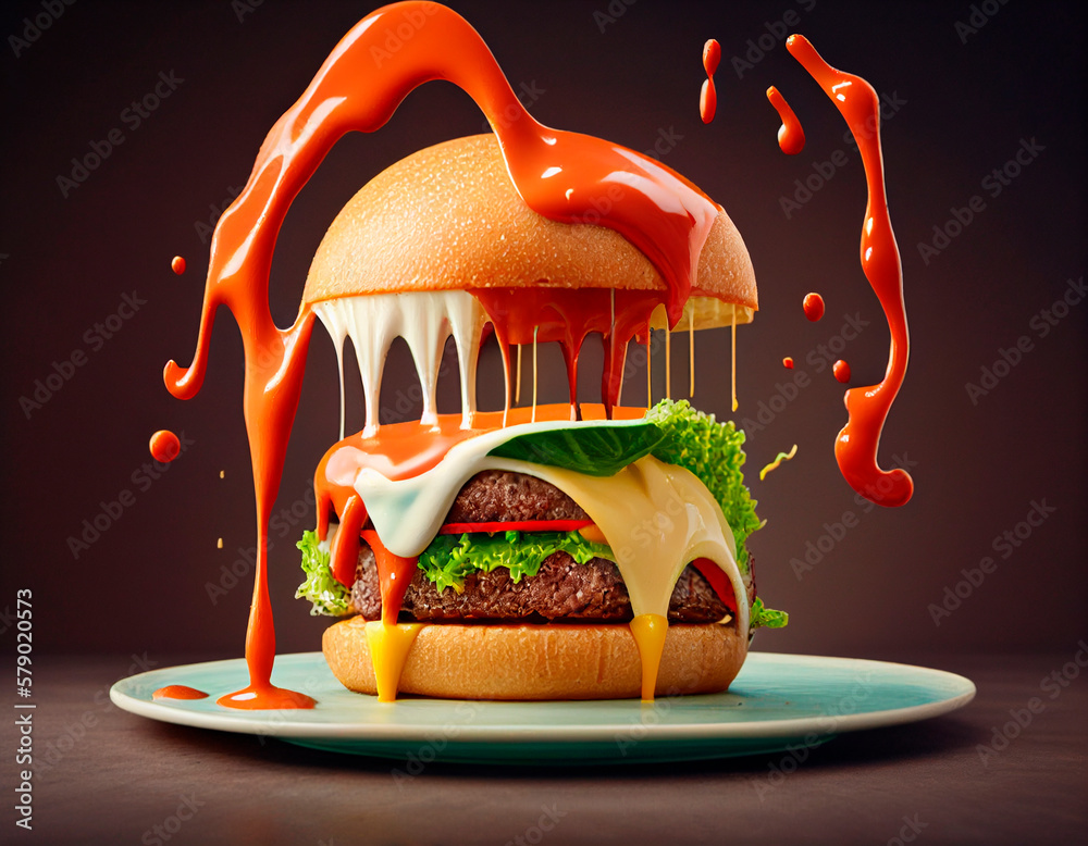 ภาพประกอบสต็อก beef burger, tomato sauce and mayonnaise sauce squirts