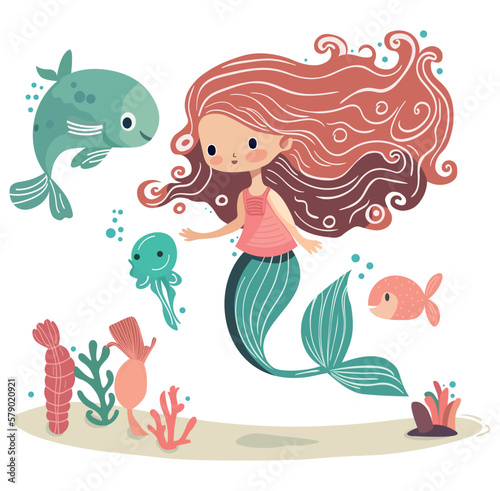 Whimsical mermaid surrounded by fish, seaweed, and coral in vector cartoon style. Perfect for children's designs, logos, and branding