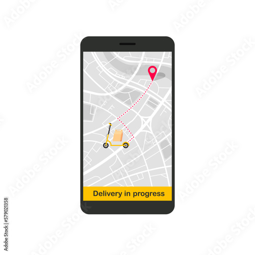 Parcel delivering service. Fast delivery by scooter on phone. Tracking the movement of the courier on a map. Vector illustration isolated on white.