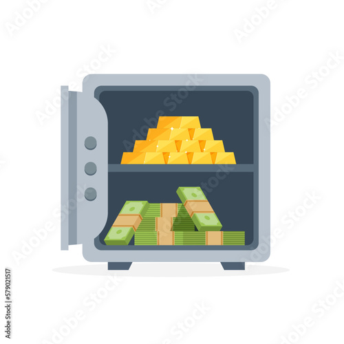 Security metal safe with banknotes and gold ingots. Open safe box with money and bars. Cash protection. Icon for web, games, apps. Vector illustration isolated on white background.