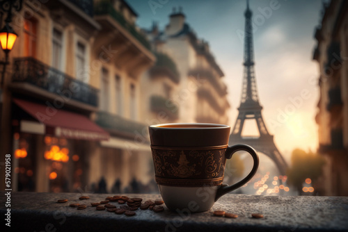 Delicious coffee on blurred background of Paris cozy street and Eiffel tower. Generative AI