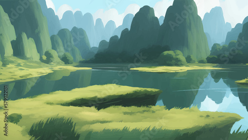 Beautiful Lake Surrounded by Mountains and Hills Scenery Detailed Hand Drawn Painting Illustration