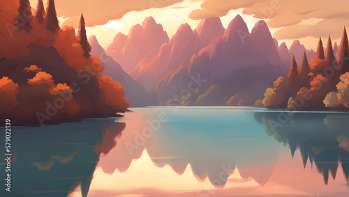 Beautiful Lake Surrounded by Mountains and Autumn Trees During Sunrise or Sunset Scenery Detailed Hand Drawn Painting Illustration