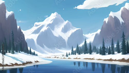 Beautiful Lake Surrounded by Snowy Mountains and Hills Scenery Detailed Hand Drawn Painting Illustration
