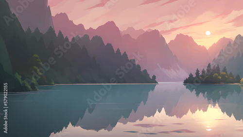 Beautiful Lake Surrounded by Mountains and Autumn Trees During Sunrise or Sunset Scenery Detailed Hand Drawn Painting Illustration