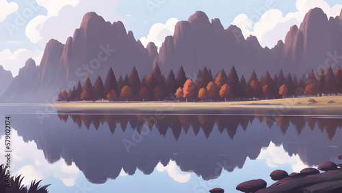 Beautiful Lake Surrounded by Mountains and Autumn Trees Scenery Detailed Hand Drawn Painting Illustration