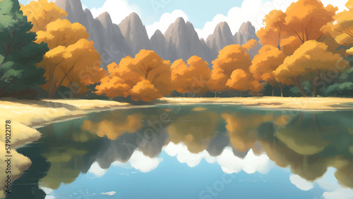 Beautiful Lake Surrounded by Mountains and Autumn Trees Scenery Detailed Hand Drawn Painting Illustration © Reytr
