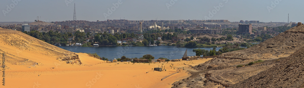 View of Aswan from the Monastery of St.Simeon on the west bank of Nile in Egypt, Africa
