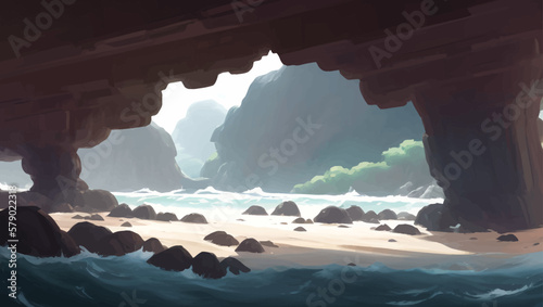 Beautiful Nature Sea Scenery with Hills view from Cave Silhouette Detailed Hand Drawn Painting Illustration