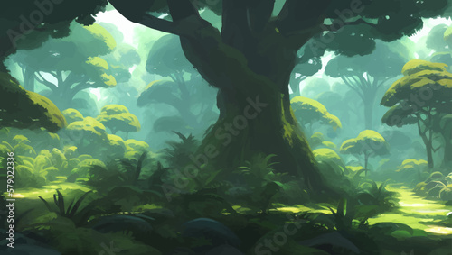 Dense Jungle Rain Forest Scenery Detailed Hand Drawn Painting Illustration