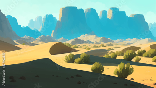 Rocky Desert with Canyons and a Few Bushes Detailed Hand Drawn Painting Illustration