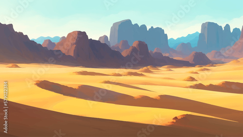 Rocky Desert with Canyons Detailed Hand Drawn Painting Illustration