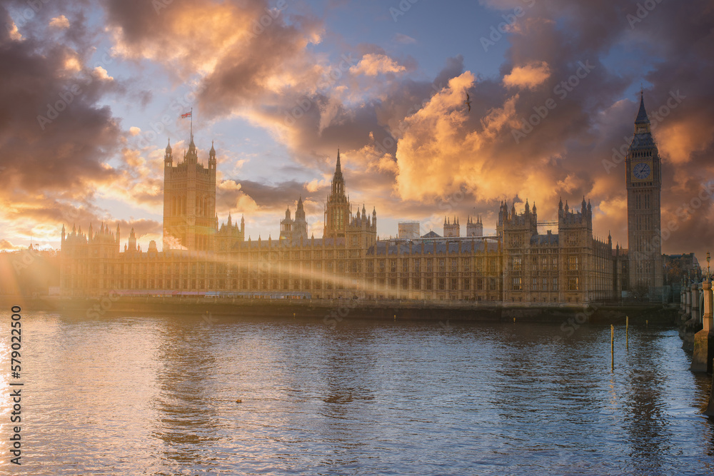 Big Ben and Houses of Parliament in London, UK. Colorful sunrise