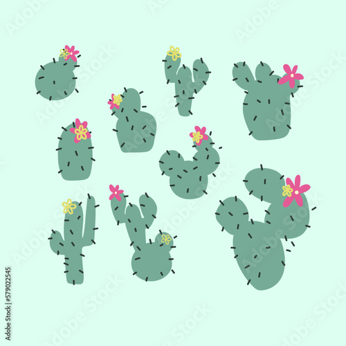 Set de cactus con flores dibujado a mano