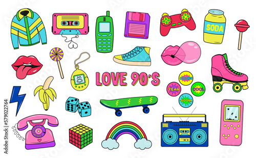 Retro 80s 90s clipart set. Neon colors y2k fashion patch, badge, emblem, stickers. photo