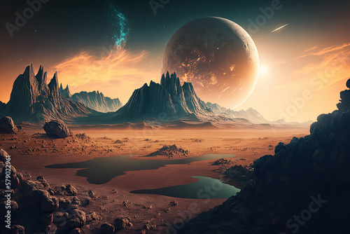 Fantasy planet landscape and galaxy amidst an alien universe. Generative AI