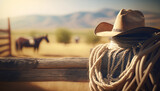 Rural background with close up cowboy hat and rope. Rustic outdoor backdrop with blurred horse. AI generative image.