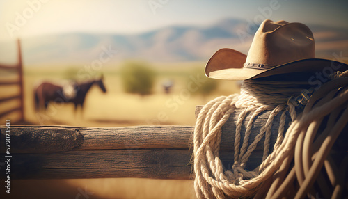 Rural background with close up cowboy hat and rope. Rustic outdoor backdrop with blurred horse. AI generative image.
