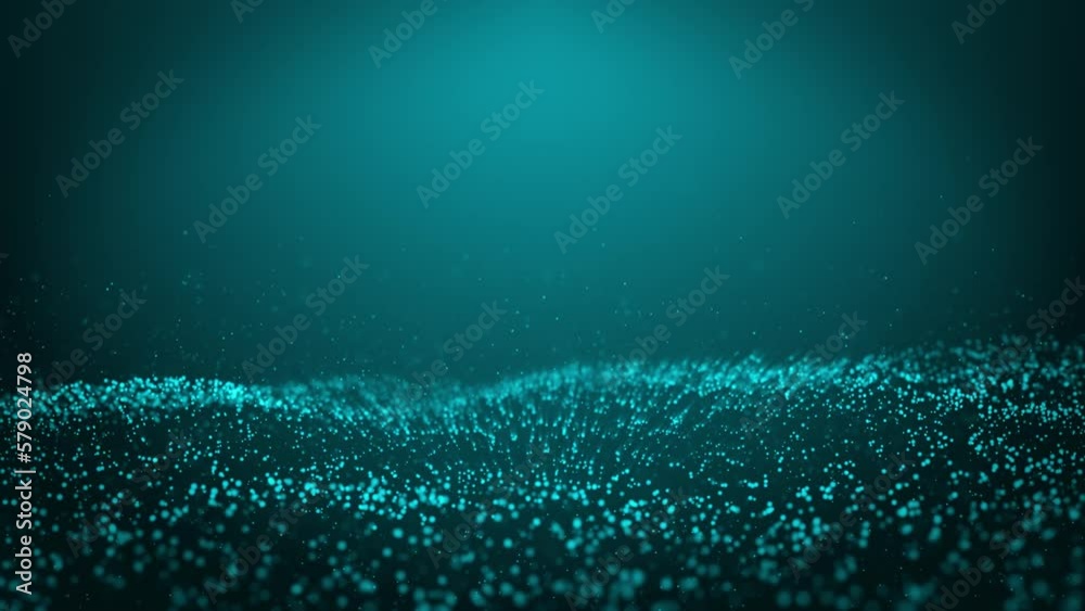 Simulation of flying over sea waves with particle effect of blue color. Abstract digital particle wave and light abstract background, animation cyber or technology background. 3d render - 4K