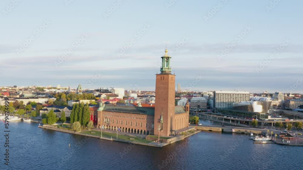 Drone shot of the city hall in Stockholm in beatiful evening light Drone shot of the city hall in Stockholm in beatiful evening light