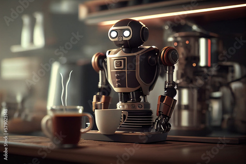 robot coffee machine maker in central cafe. Futuristic concept.