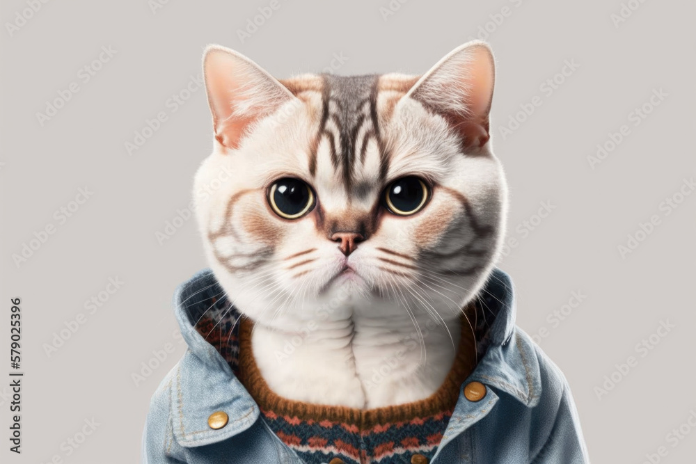 Generative AI illustration of a portrait photograph of an exotic cat looking at the camera, dressed in denim dungarees against a white background