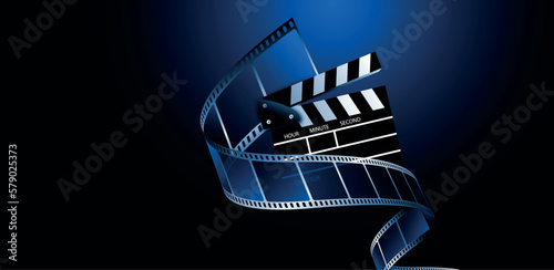 sfondo, cinema, ciak con pellicola cinema su sfondo blu