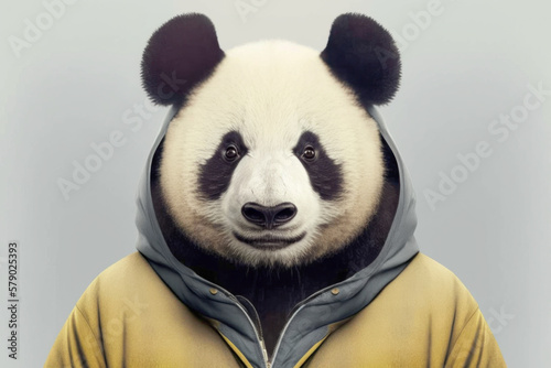 Generative AI illustration of a portrait photo of a panda looking at the camera wearing a yellow dress. against white background