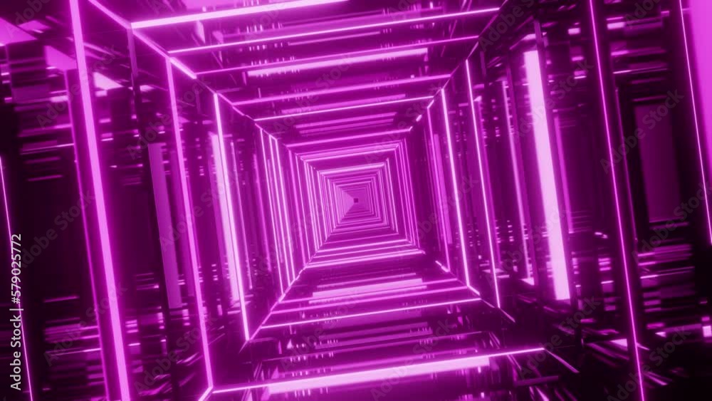 4K loop Animation. Endless abstract futuristic tunnel with multicolored neon lights background