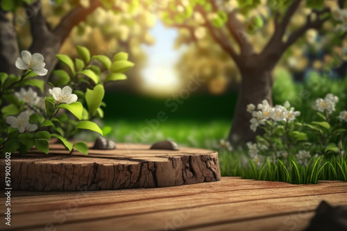 Background. Wooden surface on the background of an apple orchard. AI generative.