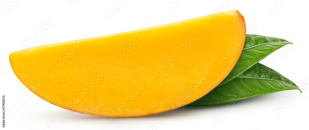 Mango fruit slices and mango leaves over white Mango fruit slices and mango leaves over white