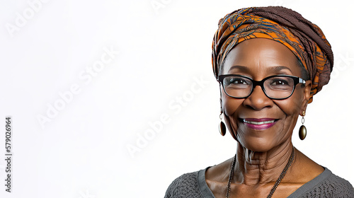 Portrait of happy smiling middel aged Black African American woman person isolated on a white background. Generative AI photo