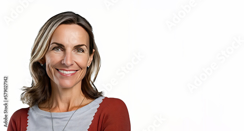 Portrait of happy smiling middel aged Caucasian woman person isolated on a white background. Generative AI photo