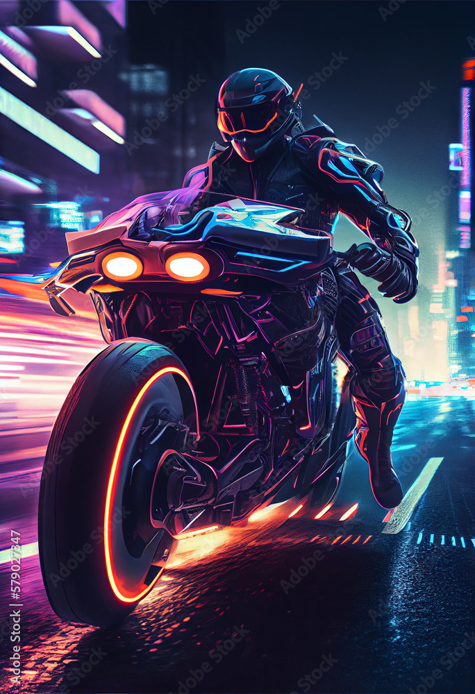 Speedway with riding futuristic motorcycle. Motorbiker is riding a futuristic motorcycle on the night street concept.